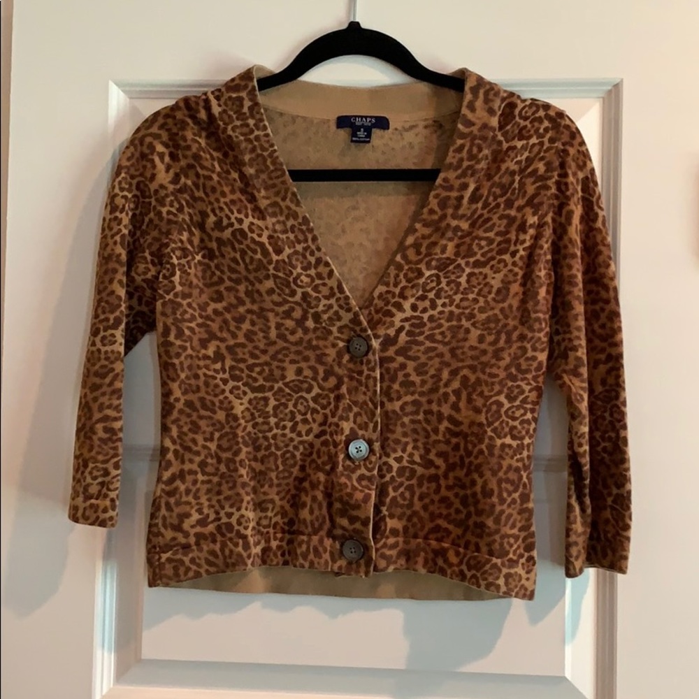 Chaps -Cropped Cheetah Button Cardigan Sweater